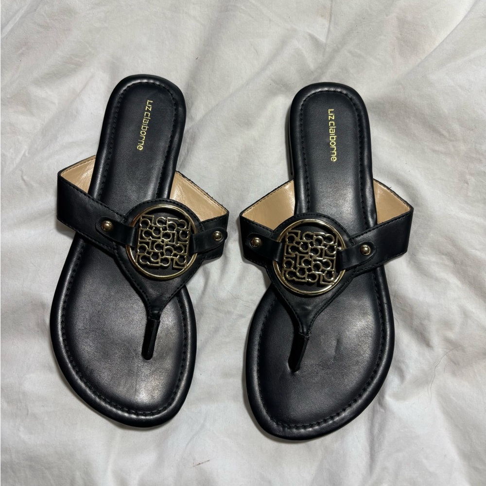 Liz Claiborne Black Sandals with Intricate Gold Design